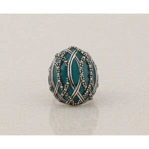 Sterling Silver Green Enamel and Marcasite Dome Ring Size 6 1/4